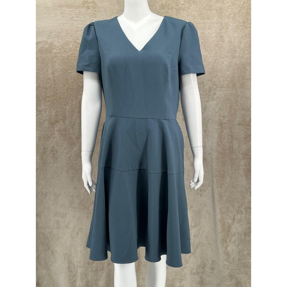 Gal Meets Glam Dress Women 14 Retro Blue Kate Fit & Flare Pockets V-Neck Stretch